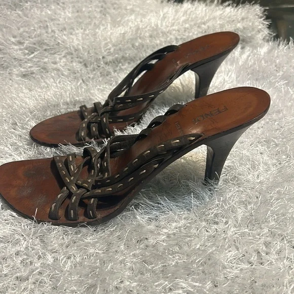 Fendi Dark Brown Leather Strappy Slide Sandals Size 39.5